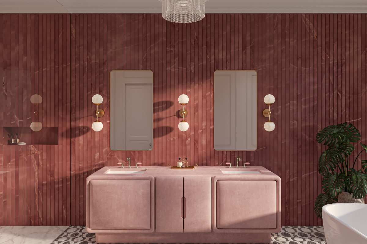 Classic bathroom with an Art Deco feel, bespoke double vanity, and burgundy panelling.