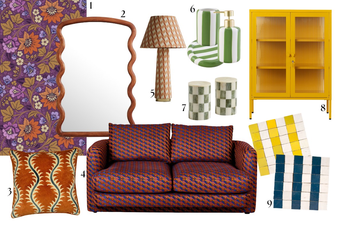 Interior design moodboard with retro decor, patterned furnishings and zellige tiles. 