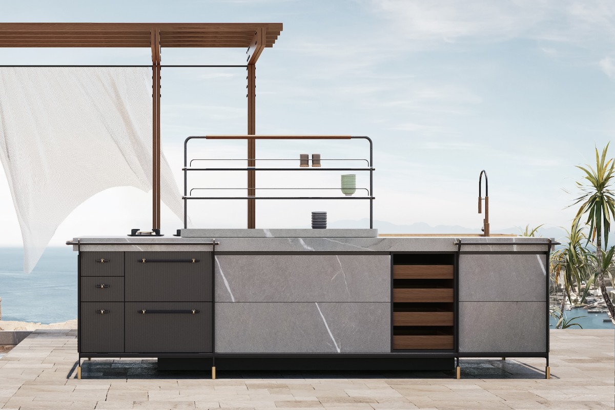 Seaside area with a cooking workstation featuring storage and a sink zone.