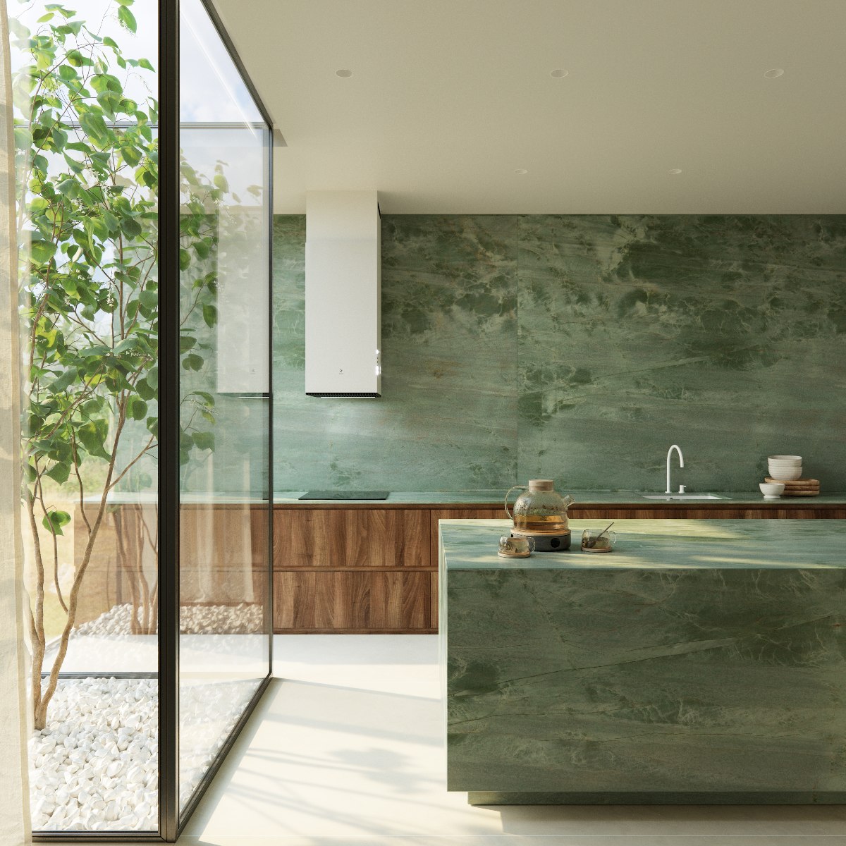 Sleek wood and green stone design with glass glazing and flooded with light.