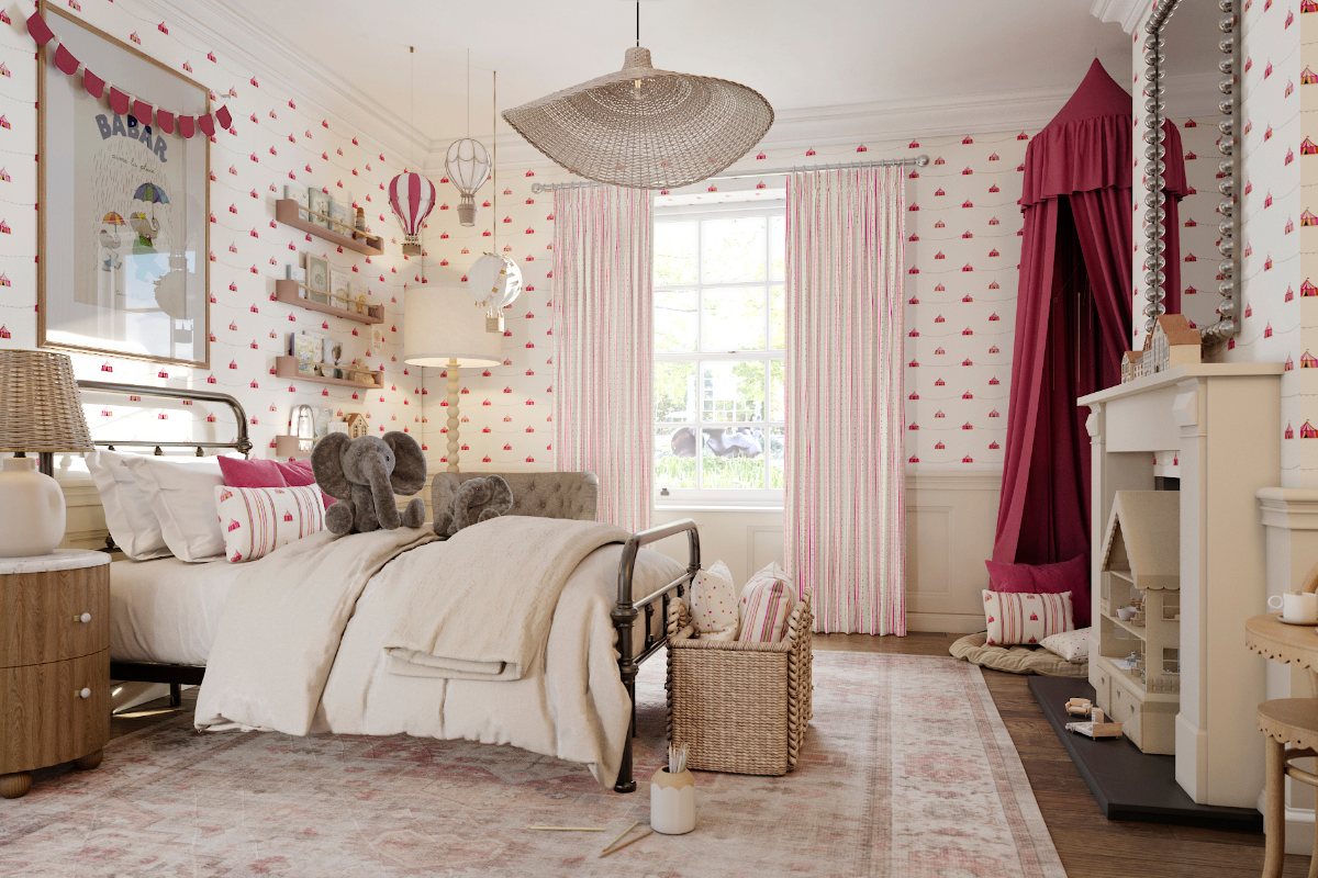 Sleep space with circus-themed wall coverings, a red teepee, and neutral decor.