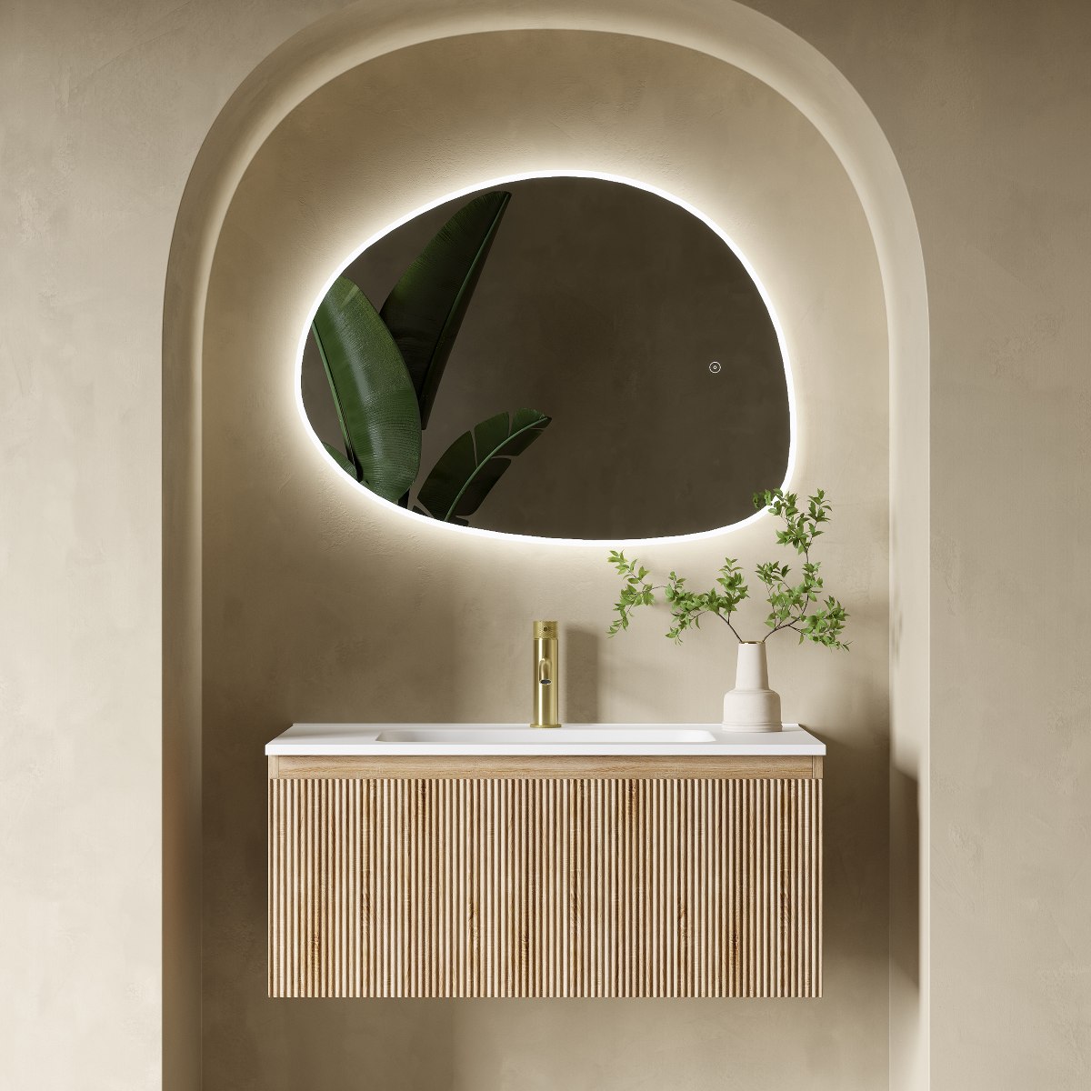 Spa like bathroom with wall-mounted wood, fluted vanity with an inset basin.