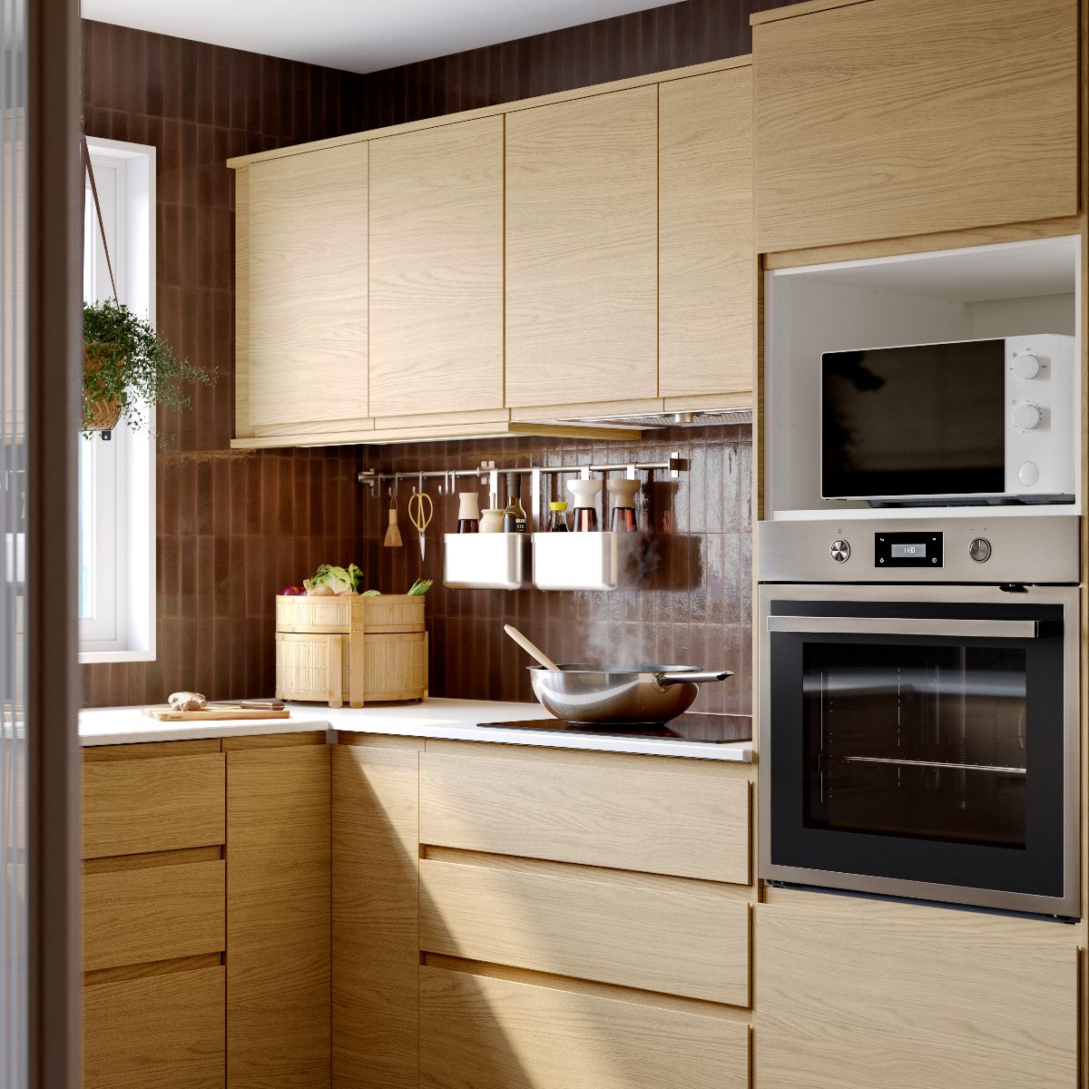 Wood handleless cabinetry with built-in appliances; brown metro tiles on the walls with wall-mounted cabinets, and white worktops.