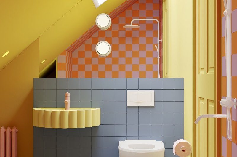 Colourful kids' bathroom with terrazzo flooring, pink and orange checkerboard wall tiles and yellow basin.