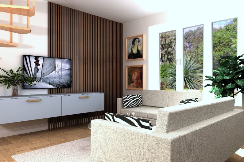 A seating area with matching media unit to the cabinetry, wood slat panelling, and cosy seating.