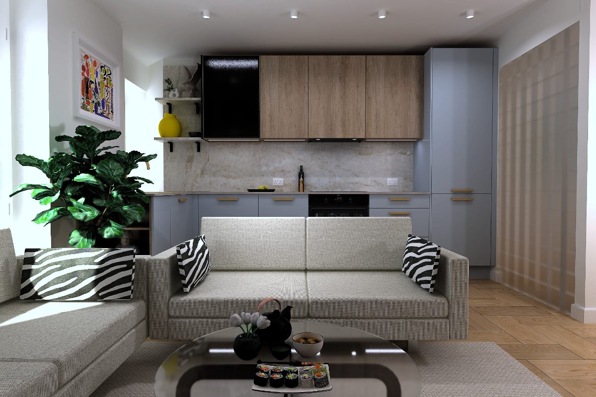L-shaped kitchen with matt blue base cabinets and wood wall cabinets with a coastal feel.
