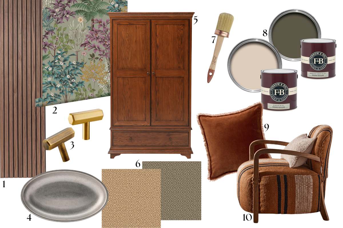 Moodboard featuring DIY tools like wallpaper and paint, vintage furniture, and recycled flooring.