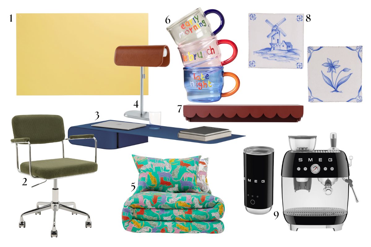 A moodboard with home office essentials, delft tiles, coffee station must-haves, and patterned kids' bedding.