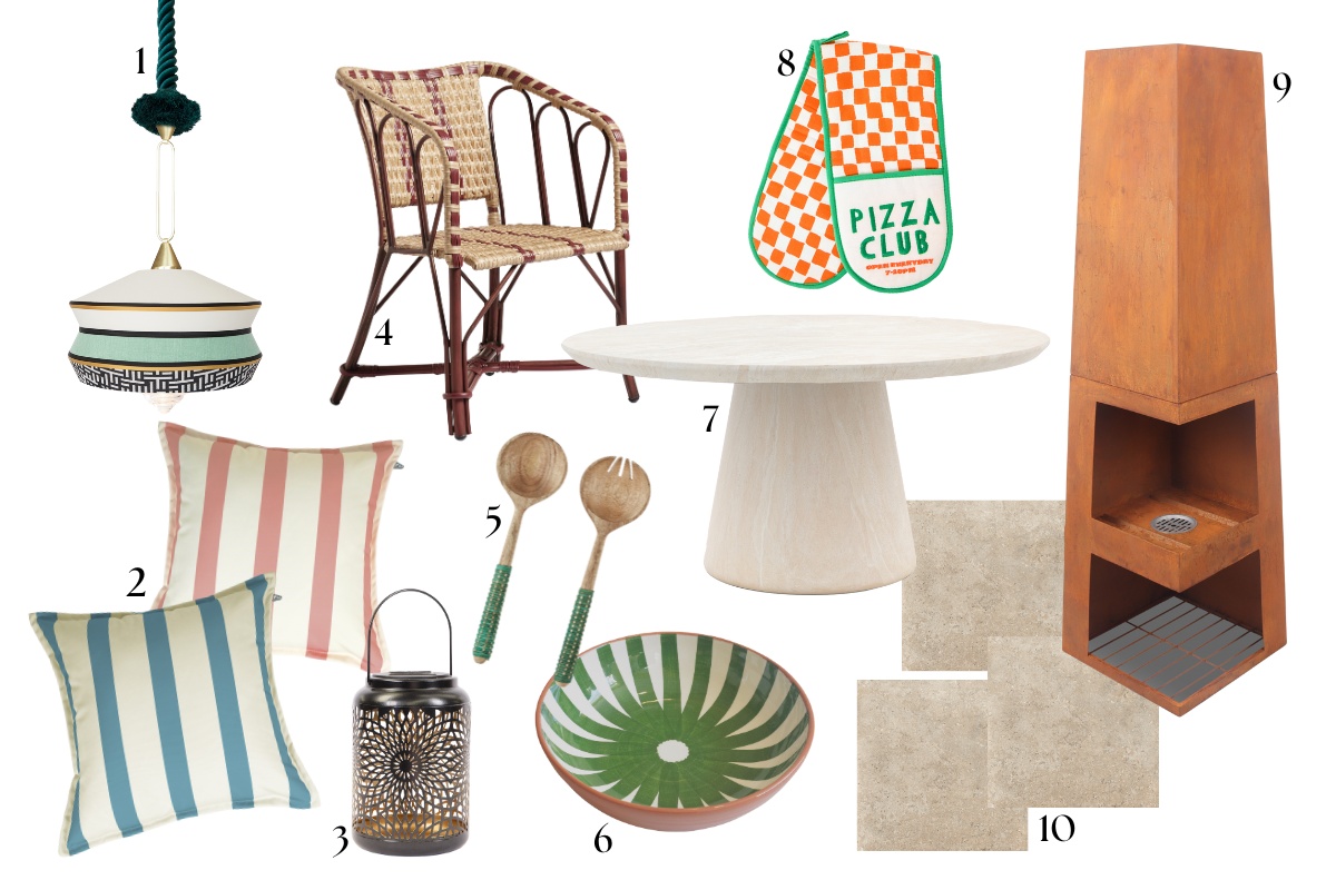 Al fresco living moodboard with garden furniture, stone-effect surfaces and colourful homeware.