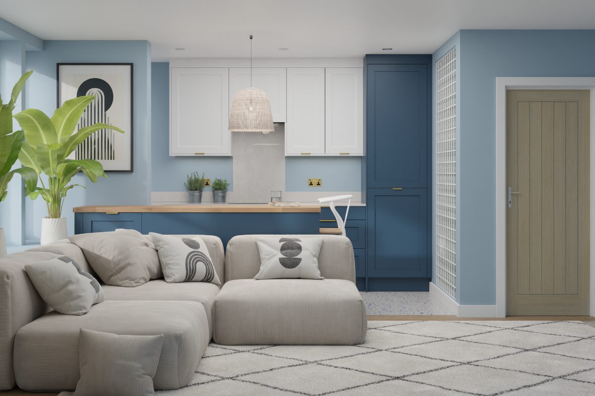 A peninsula kitchen layout with an adjoining seating area.