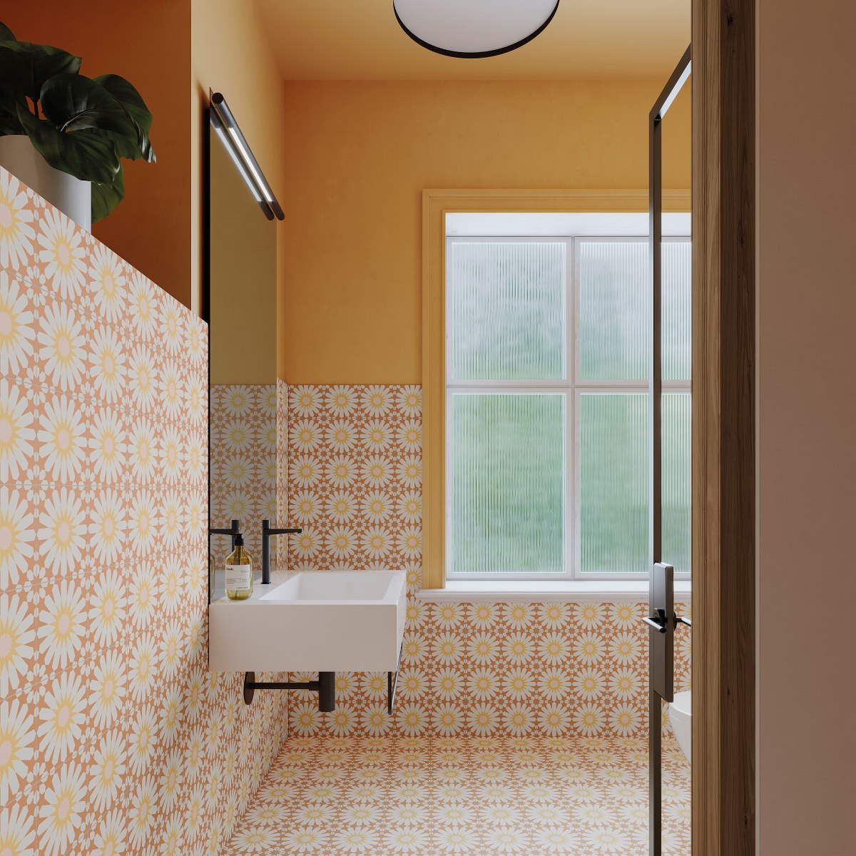 Patterned wall and floor tiles in a yellow bathroom with a wall-mounted mirror with black tao and a  tall mirror.
