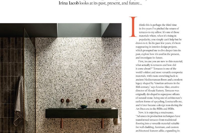 Magazine feature about terrazzo takeover in interior design.