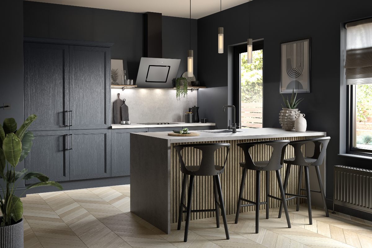 Dark wood kitchen from the high-street with black accents, a fluted peninsula, bar stools, and concrete-effect surfaces.