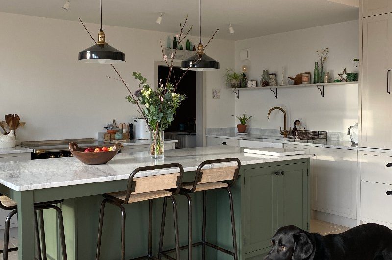 Claire's kitchen with an island and her dog.