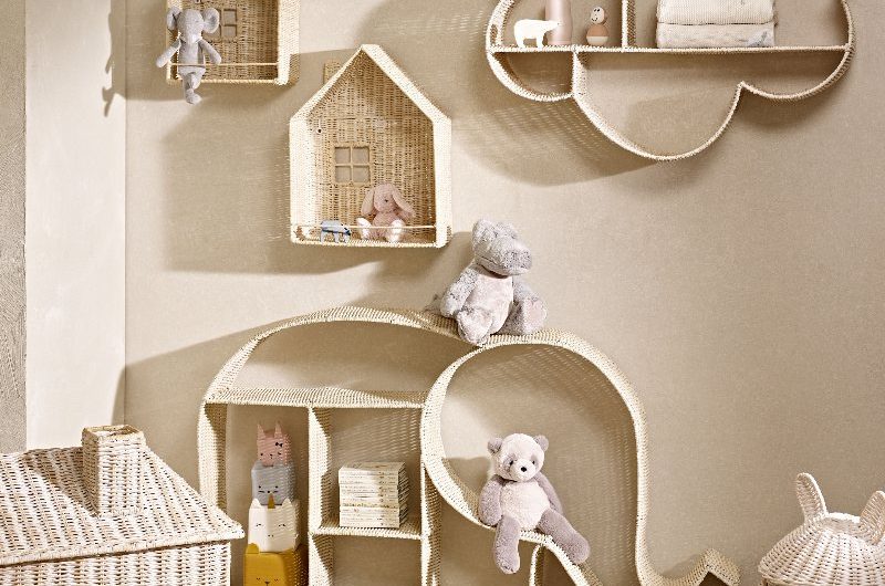 Neutral scheme with rattan storage in the shapes of an elephant, cloud, and houses.
