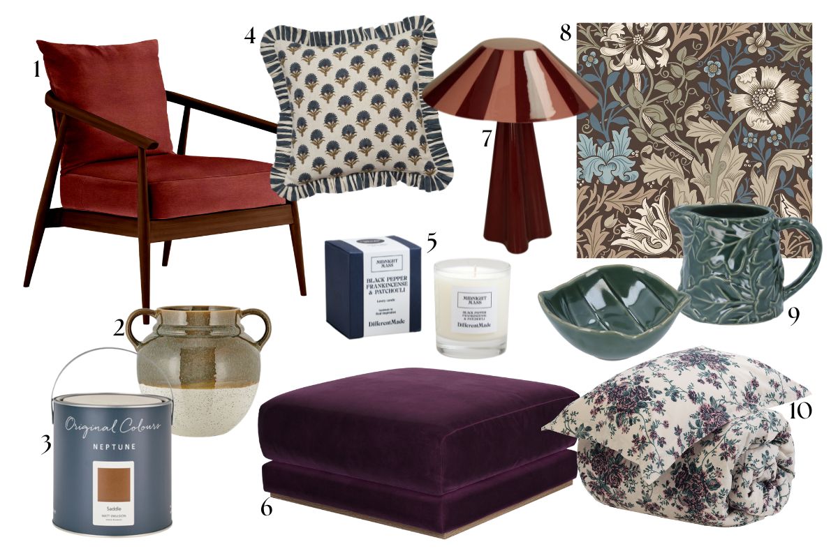 AW25 moodboard with moody shades, leaf patterns, and velvet materials.