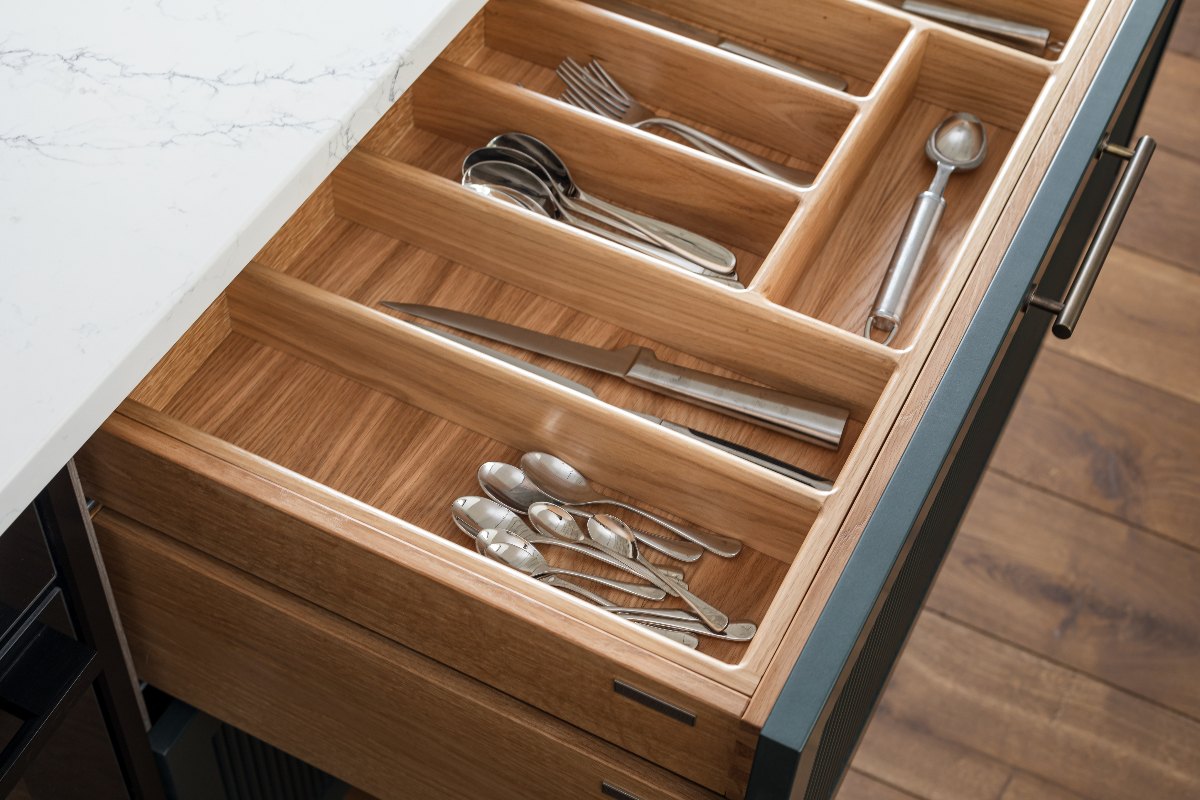Closeup at dovetail drawers made from white oak.