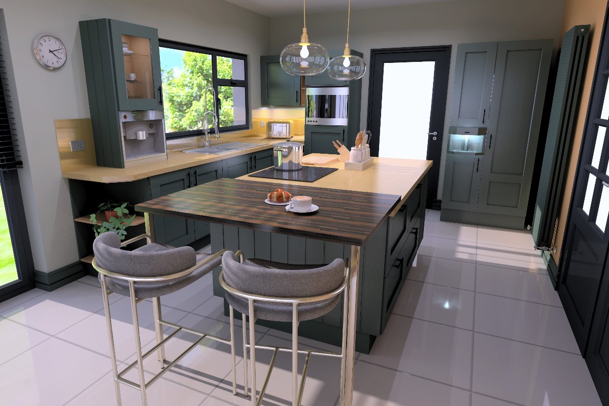 Family-friendly kitchen design with dark green cabinets and a multi-functional island with split-level dining space and a cooking area.