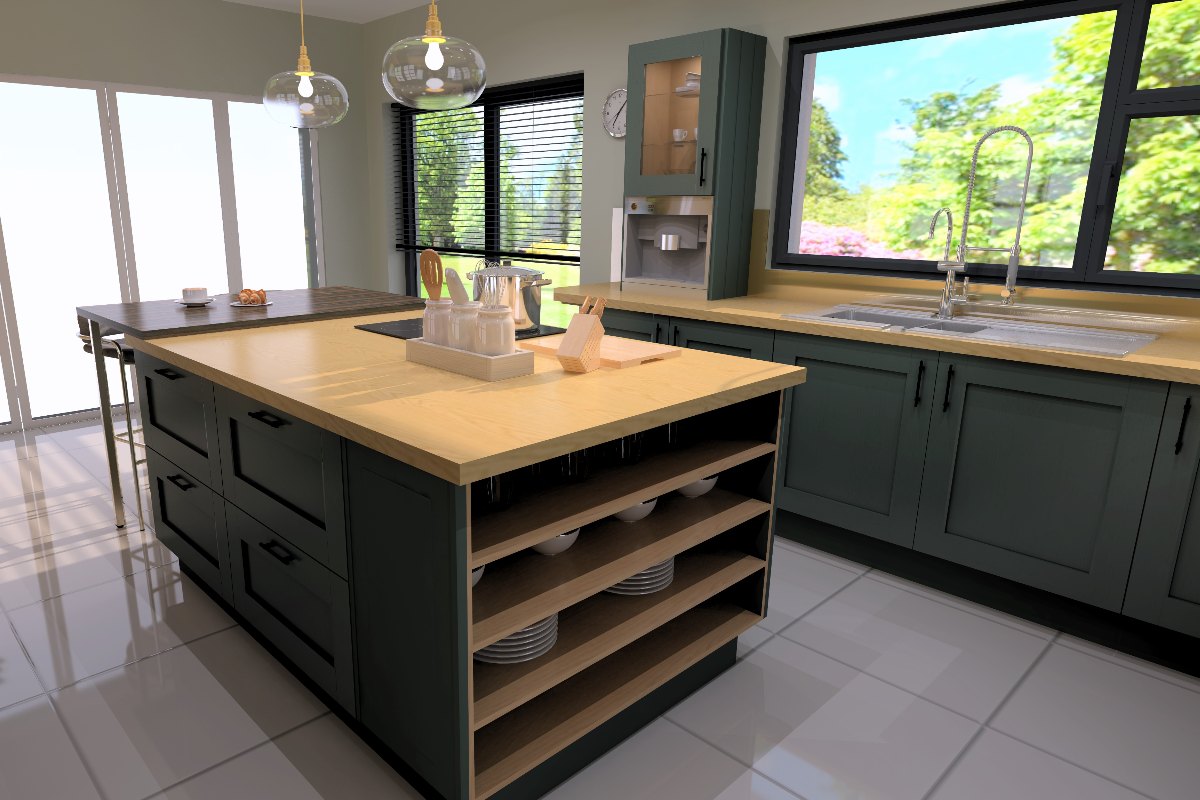 Closeup at the island with open shelving for crockery, wood worktop, built-in hob, storage drawers and a dining area.