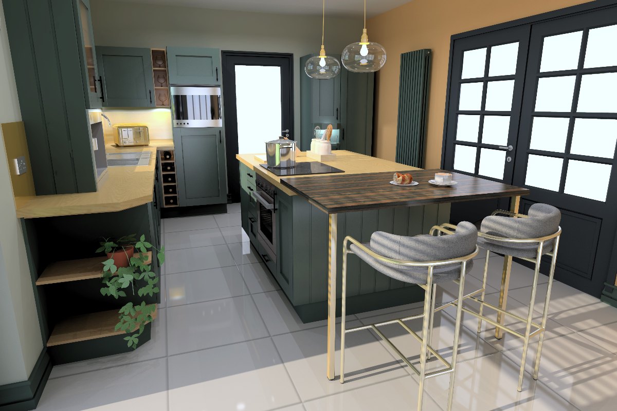 An L-shaped family kitchen layout with a central island, topped with warm wood surfaces, and accented by gold finishes.