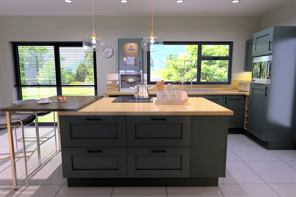 A two-tier island with storage, wood worktops, and a split-level dining zone separate from the cooking space.