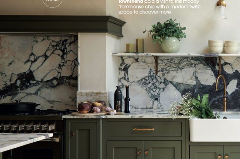 Kitchens Bedrooms & Bathrooms magazine October issue cover home with a green kitchen and statement marble.