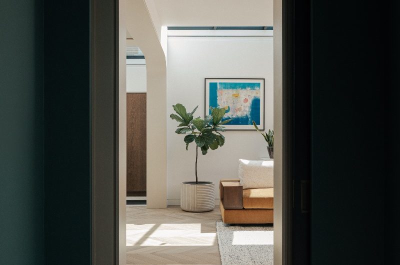 A glimpse inside the living area through an archway.