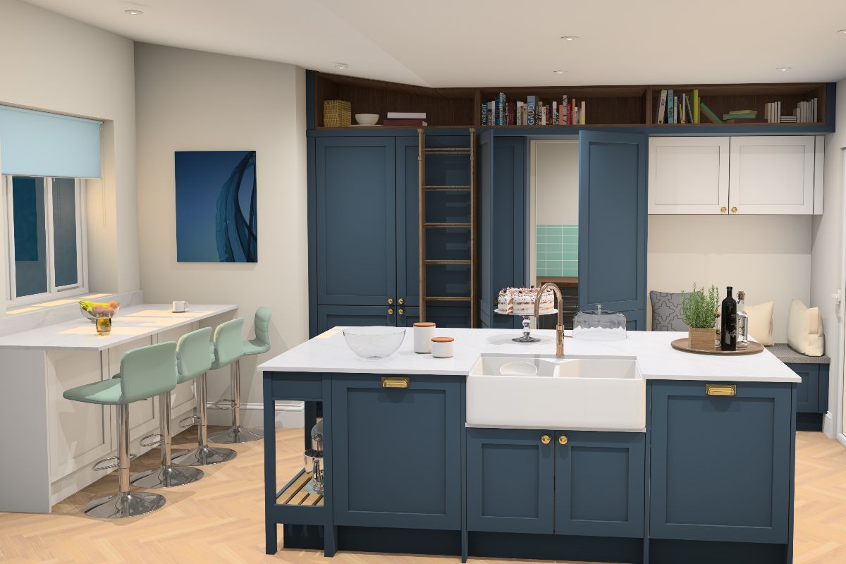 A blue kitchen with an island, a hidden door to a utility area, and a breakfast bar.