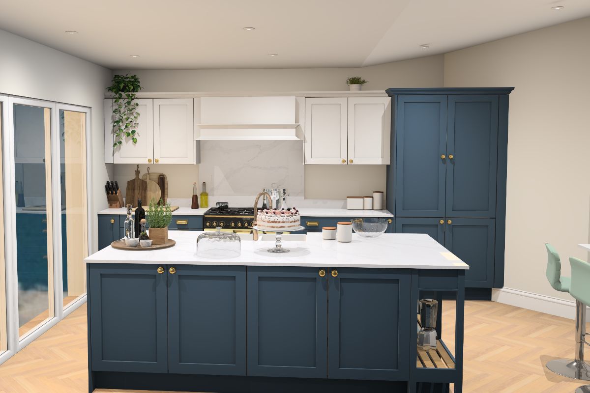 Navy base cabinets with white wall units and an extractor canopy, with veined worktops and splashback, and a central island.