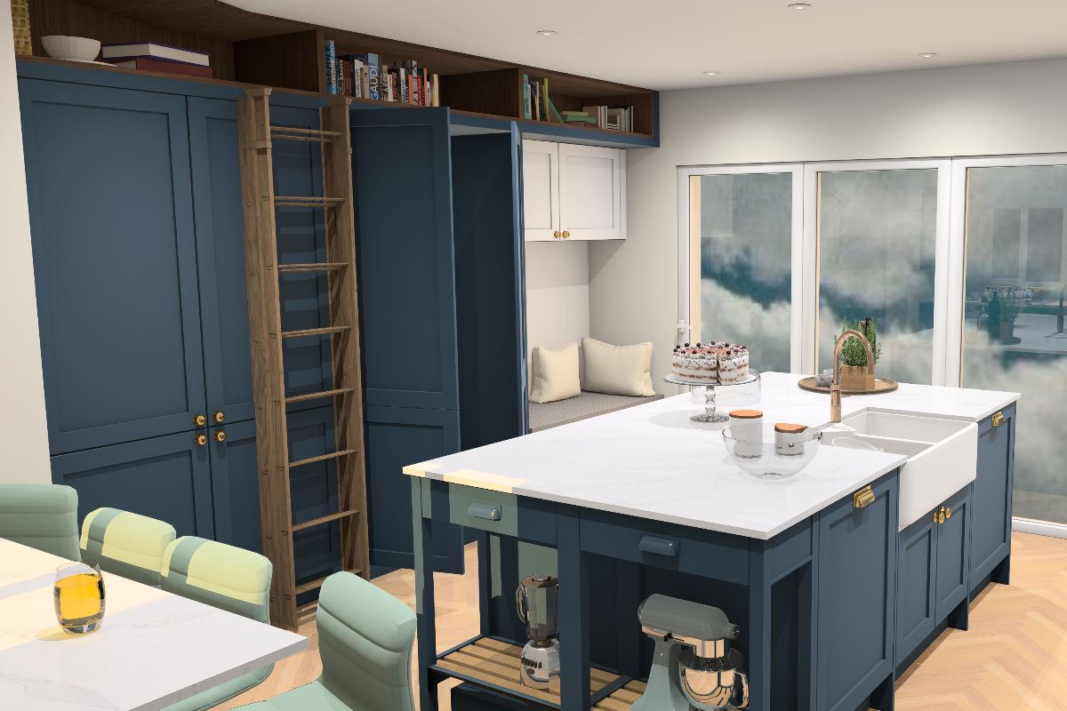 A multi-functional island next to a hidden door to a utility area, open shelving for storing books, and a seating nook by the doors.