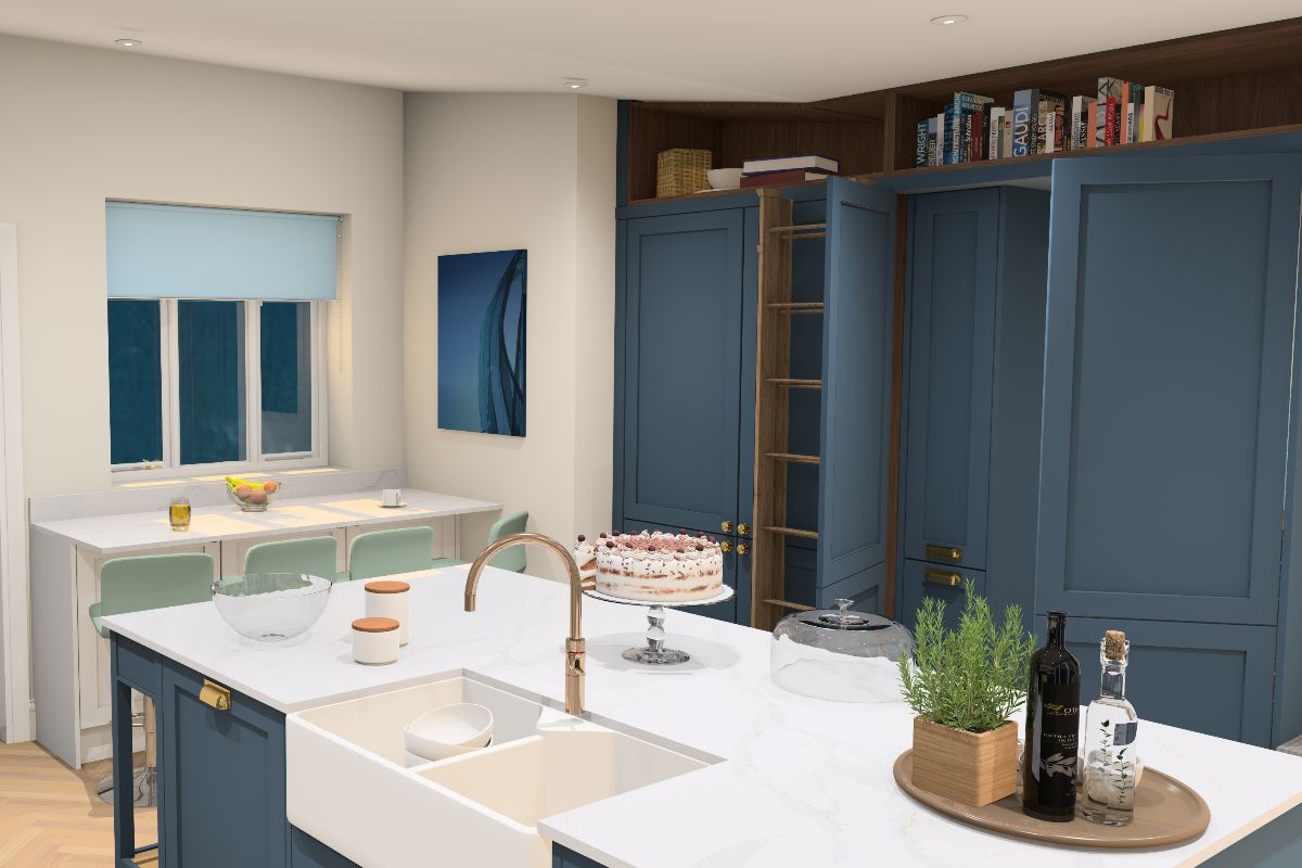 Closeup at the blue kitchen with an island, a hidden door to a utility area, and a breakfast bar.