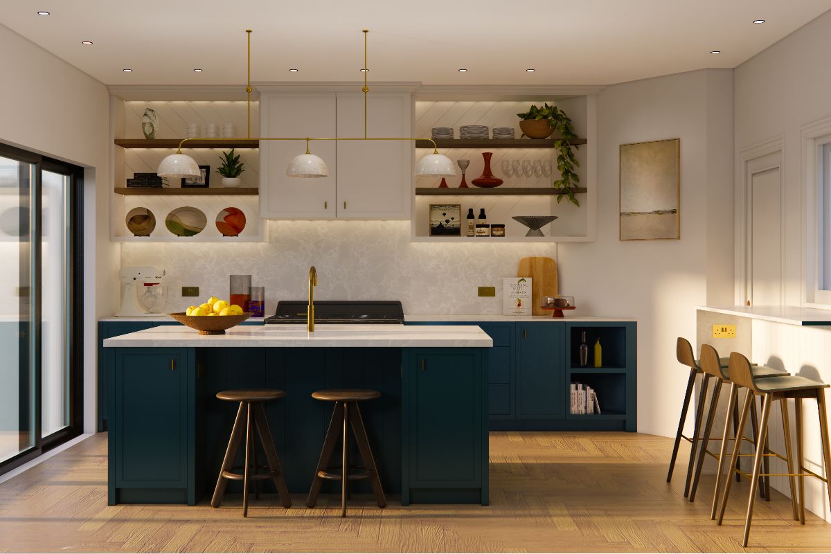 A sophisticated blue kitchen design with open shelving illuminated by LED lights, dark base cabinets, white worktops, and wood flooring.