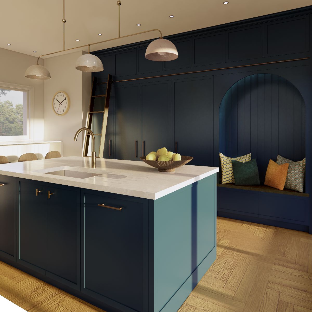 Floor-to-ceiling cabinetry with a seating nook next to the island.