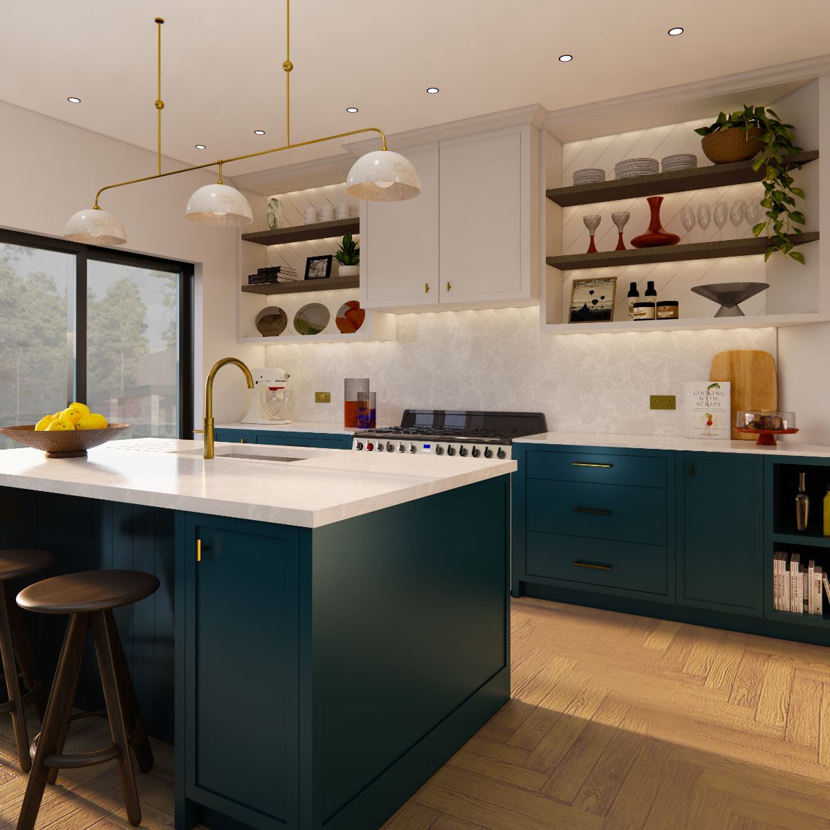 Closeup at the dark blue kitchen with a spacious cooking zone with a range cooker, veiny worktops, open shelving, and a central island.