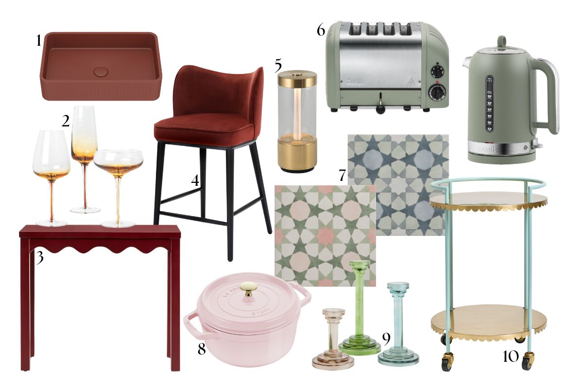 Red and pastels moodboard with velvet bar stools, patterned tiles, sage green applianves and coloured glassware.