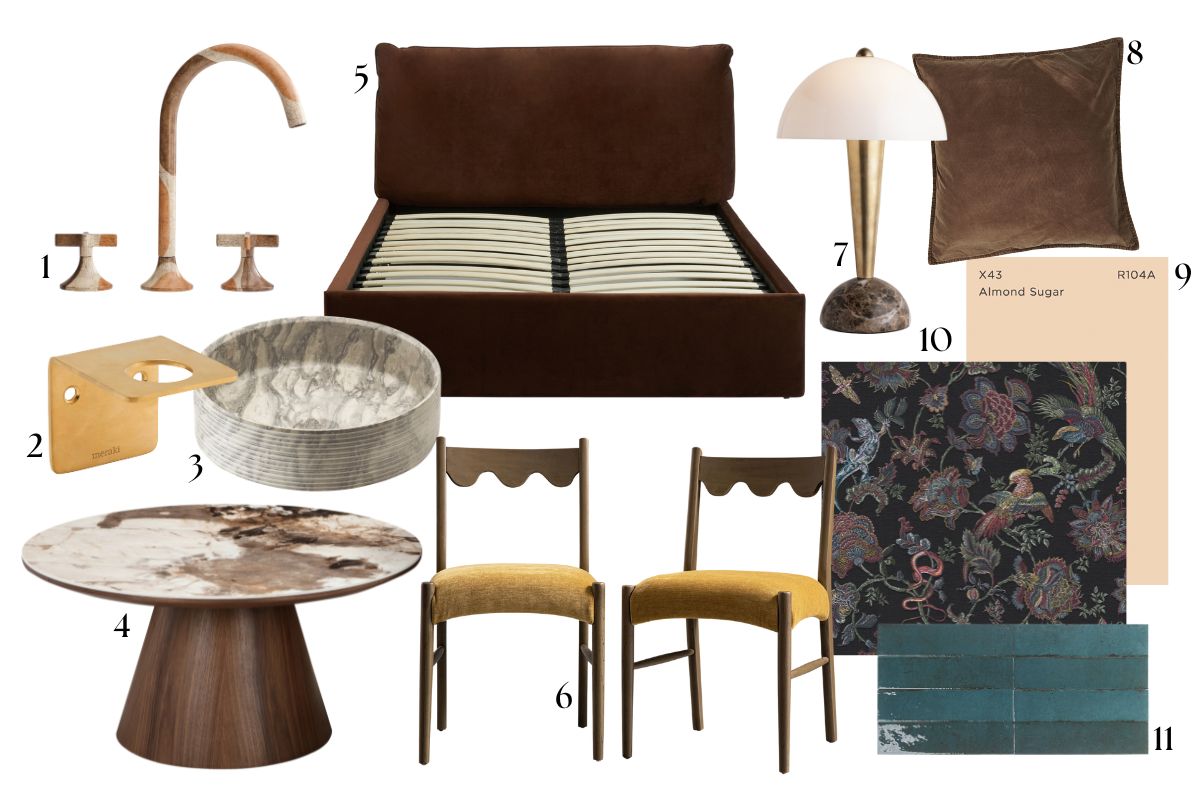 Moodboard edit of brown decor, bathroom design wallpaper, tiles and paint, and marble pieces.