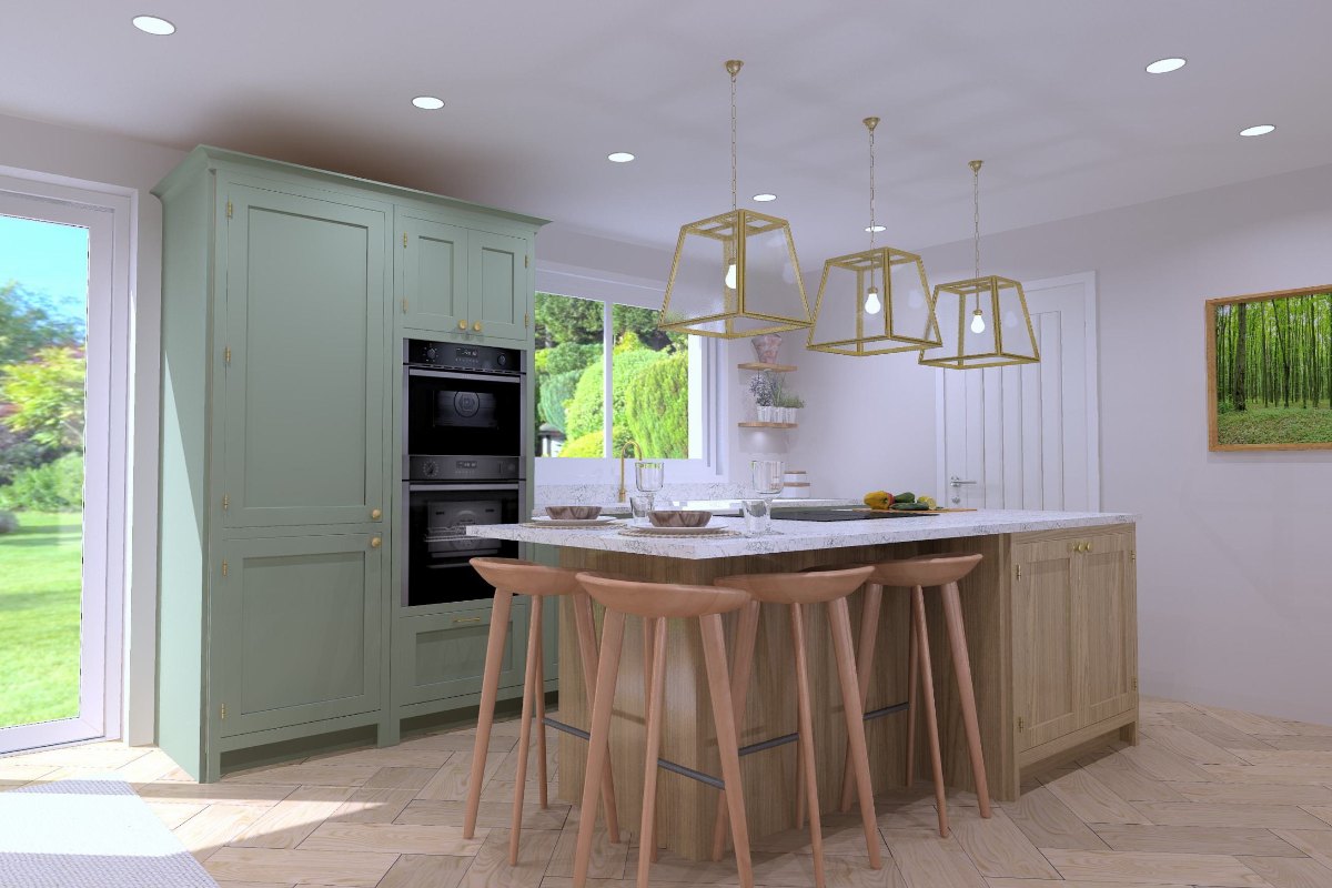 Sage green kitchen with wood island, wood flooring and white veiny surfaces.