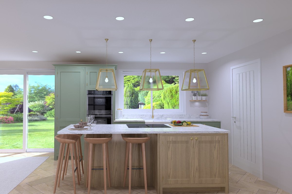 A family-friendly sage green kitchen with a wood island with L-shaped seating and doors leading to the garden.