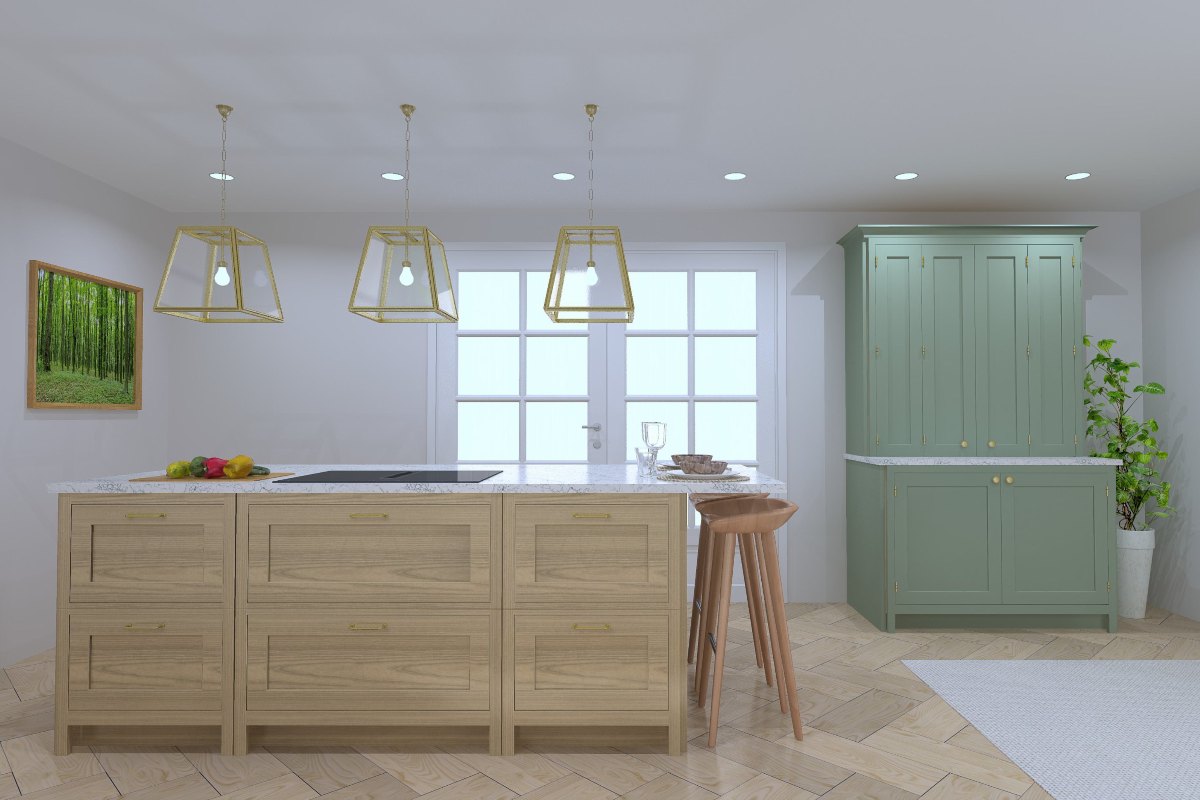 View of the multi-functional wood island and a breakfast dresser.