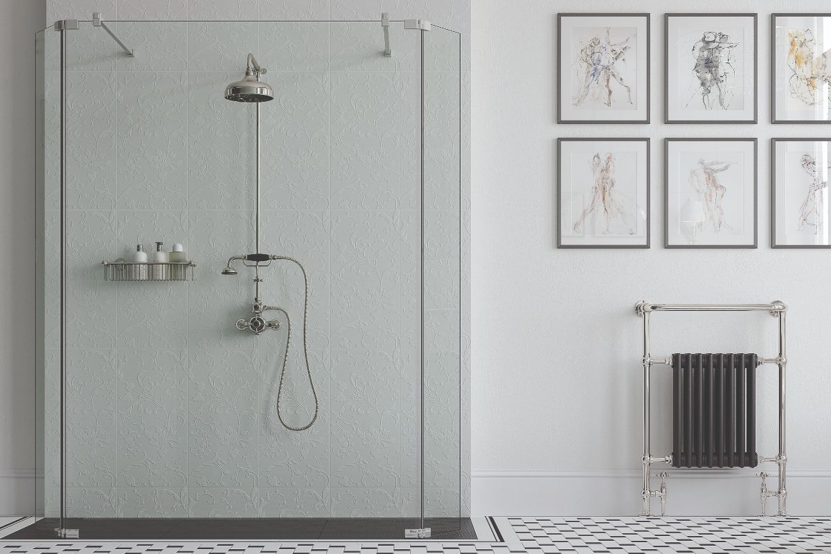 Elegant bathroom with a classic brassware, white and black tiles, and wall art.