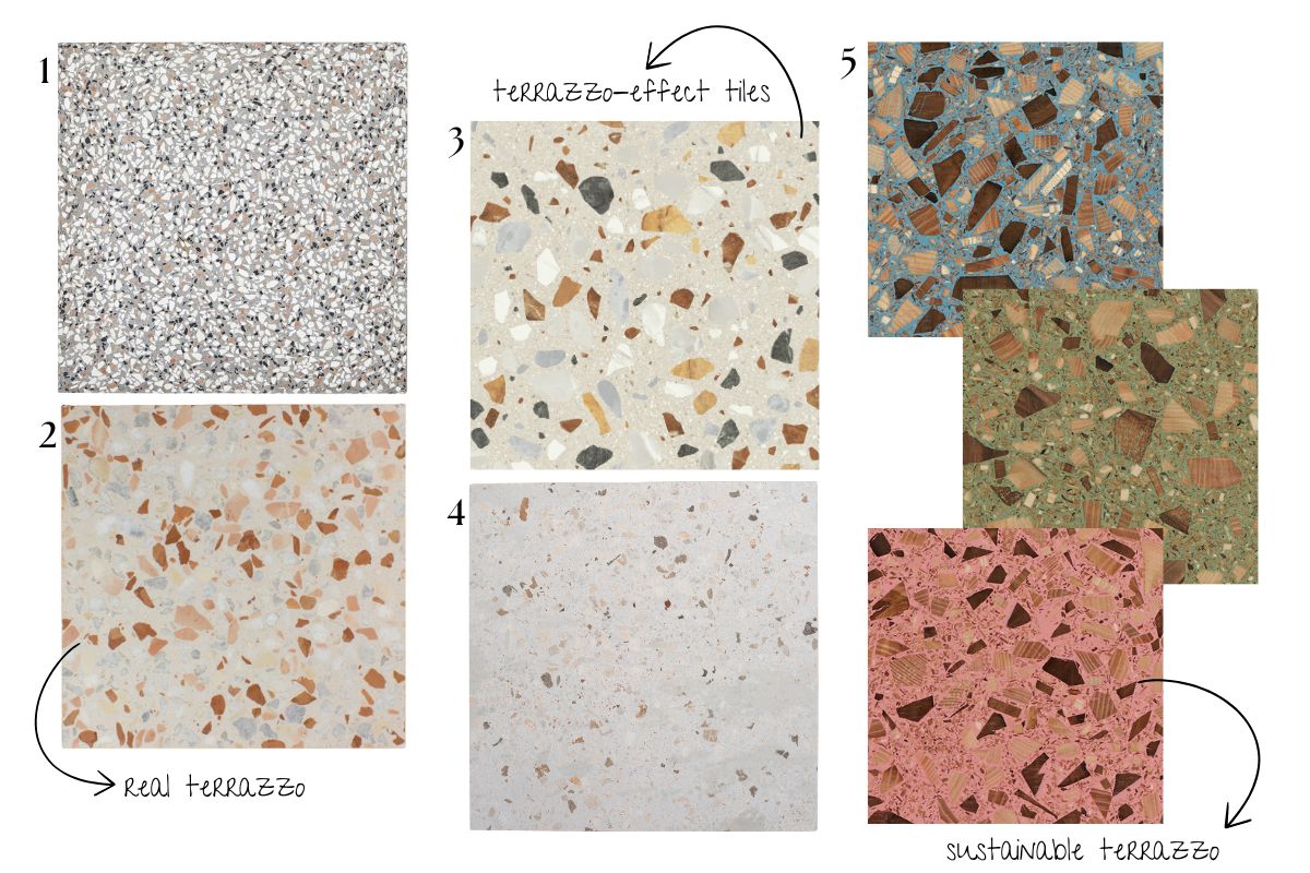 Moodboard featuring real, sustainable, and porcelain-effect tiles.