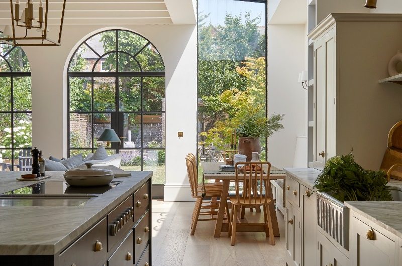 View from the kitchen into the dining area which has a glass roof.