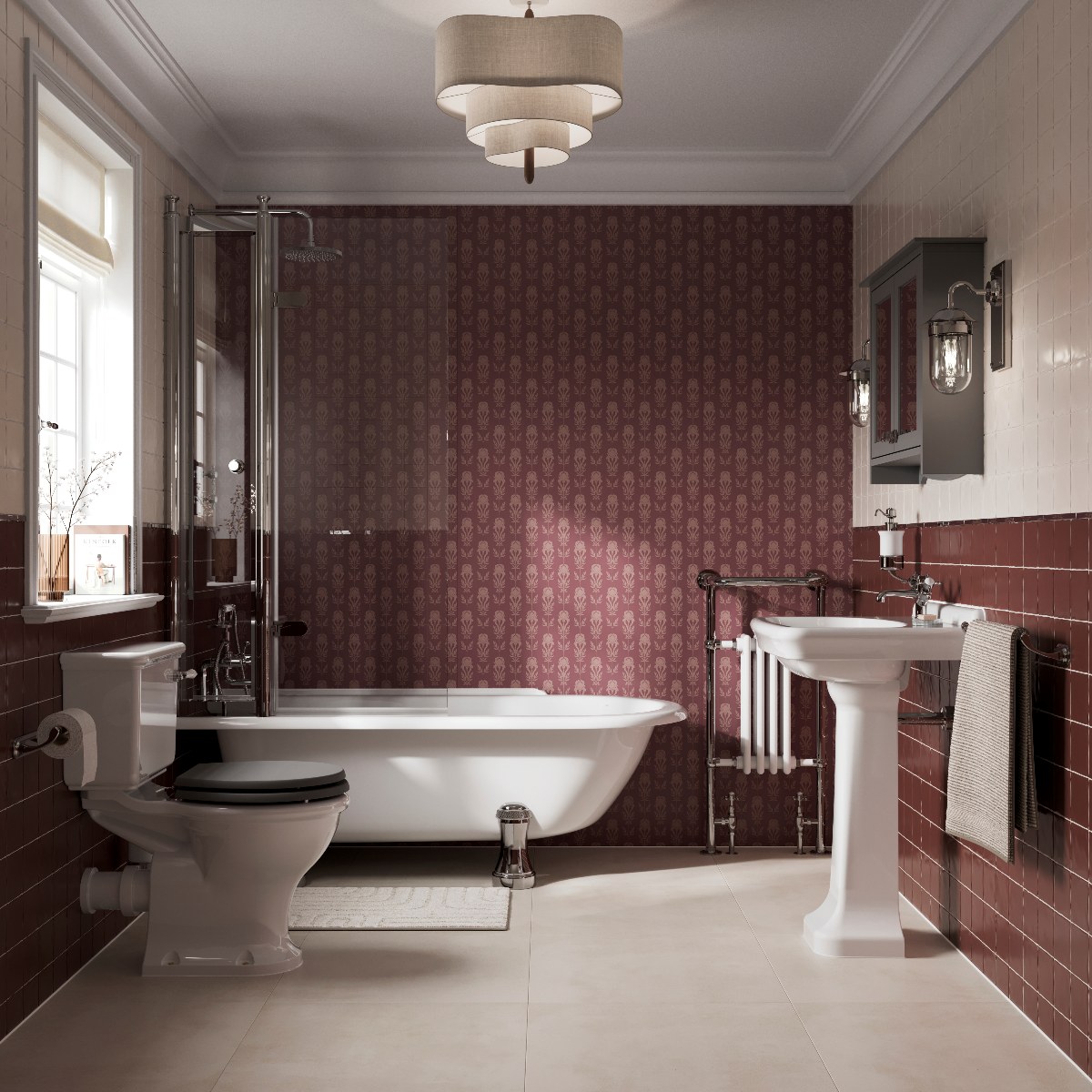 Burgundy bathroom with metro tiles and floral wall panel, classic sanitaryware and stone flooring.