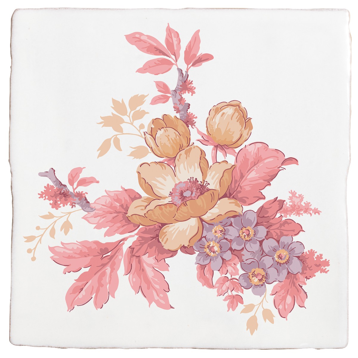Closeup at a floral tile with a white background.