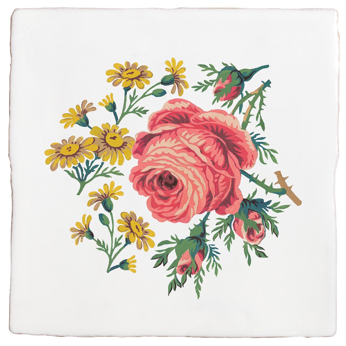 Closeup at a floral tile with a white background.
