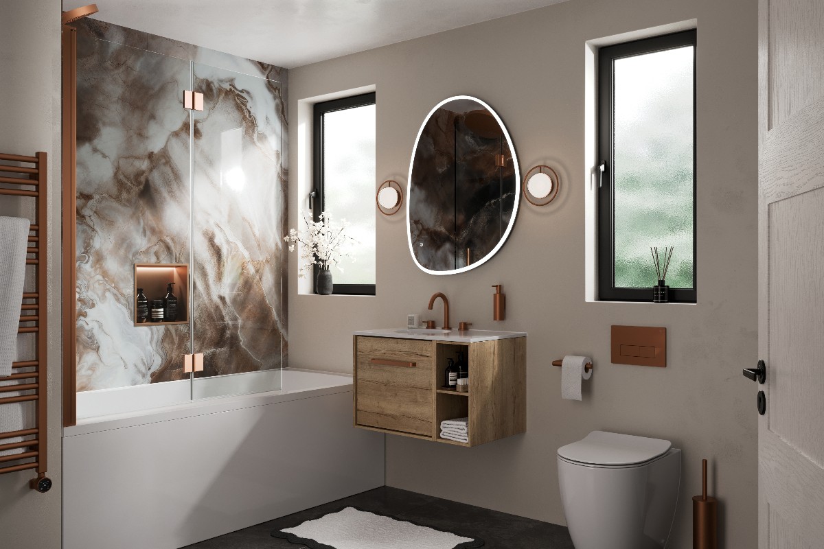 A modern space with a fitted tub, veiny mural, wall-mounted vanity, and copper accents.