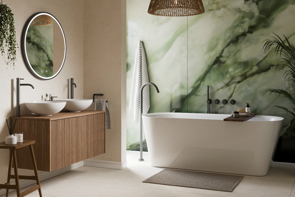 Zen like bathing space with a wood double vanity, green mural, and natural decor.