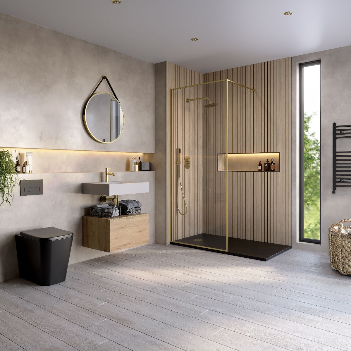 A bathroom design with a black toilet, a fluted shower area with a black tray, and a wood vanity unit.