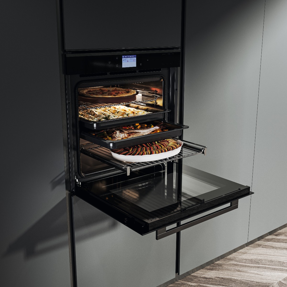 Closeup at a kitchen oven with smart functions, built within minimalist cabinetry.