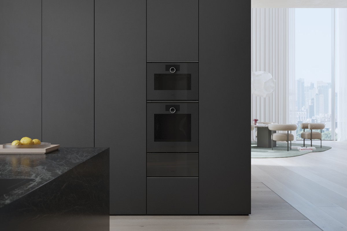 A cooking run with built-in appliances in a minimalist kitchen.